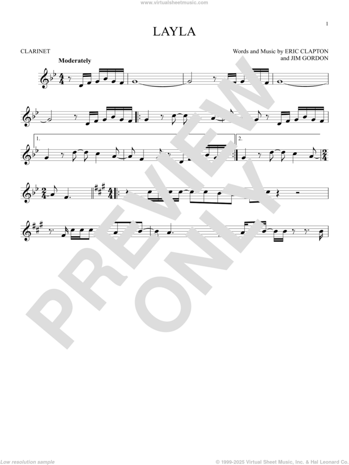 Layla sheet music for clarinet solo by Eric Clapton, Derek And The Dominos and Jim Gordon, intermediate skill level