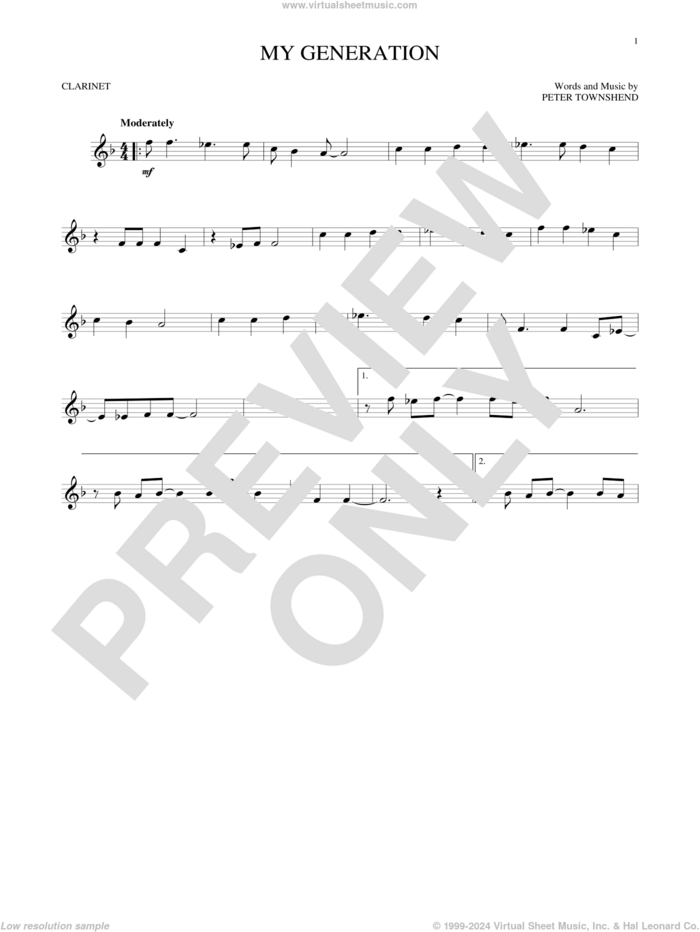 My Generation sheet music for clarinet solo by The Who and Pete Townshend, intermediate skill level