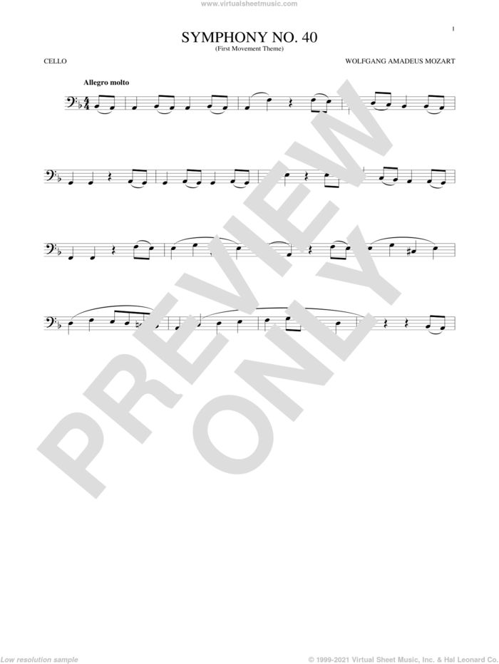 Symphony No. 40 In G Minor, First Movement Excerpt sheet music for cello solo by Wolfgang Amadeus Mozart, classical score, intermediate skill level