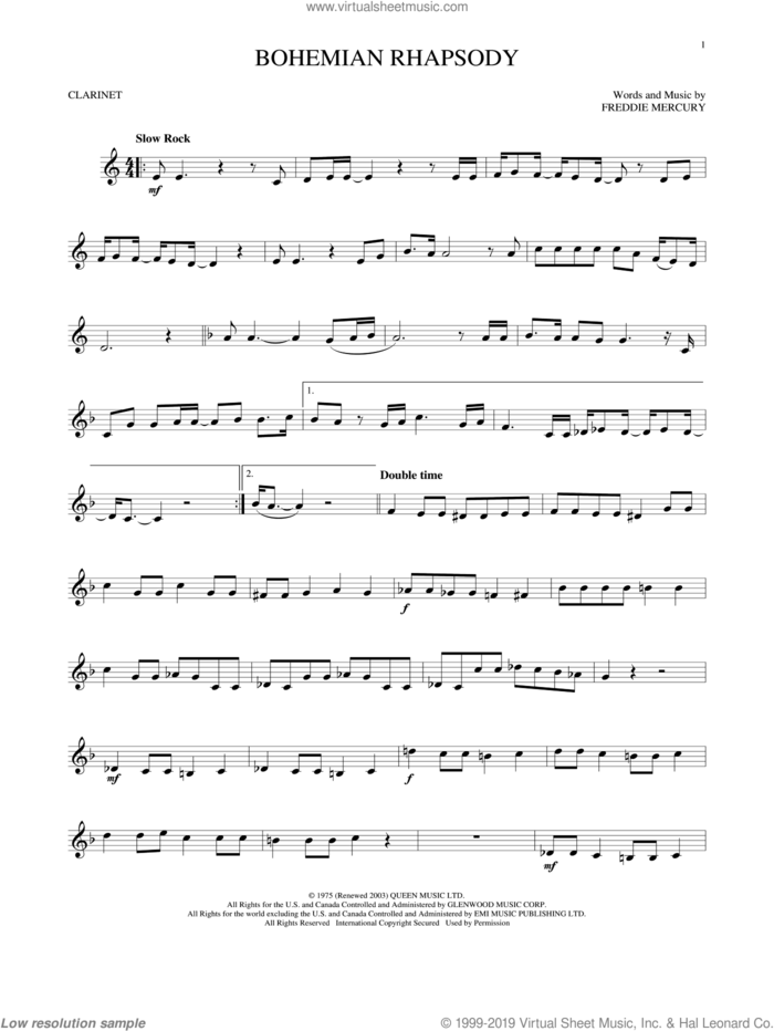 Bohemian Rhapsody sheet music for clarinet solo by Queen, intermediate skill level