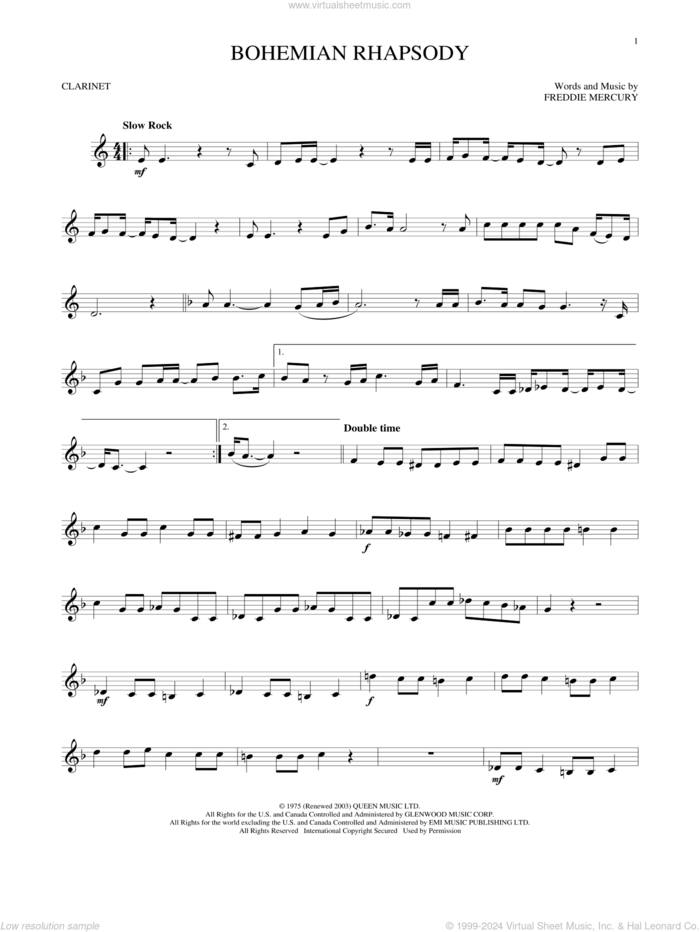 Bohemian Rhapsody sheet music for clarinet solo by Queen, intermediate skill level