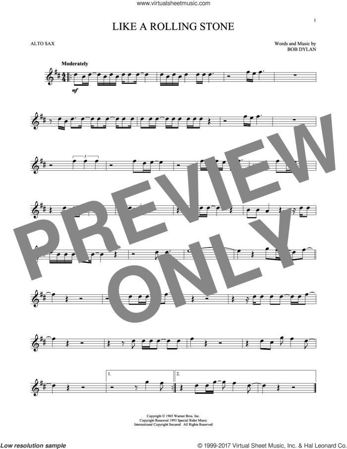 Like A Rolling Stone sheet music for alto saxophone solo by Bob Dylan, intermediate skill level