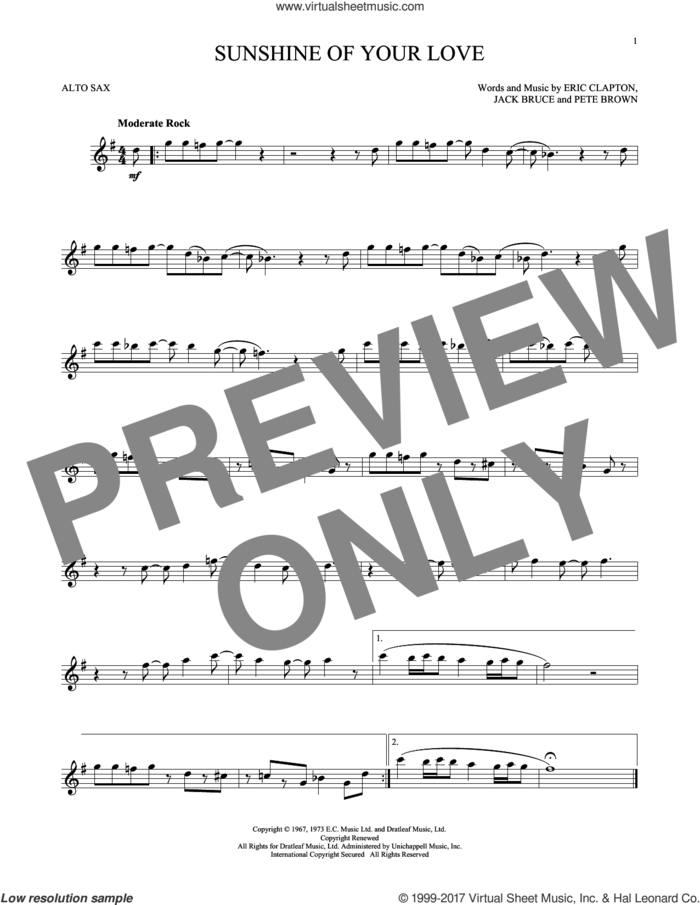 Sunshine Of Your Love sheet music for alto saxophone solo by Cream, Eric Clapton, Jack Bruce and Pete Brown, intermediate skill level