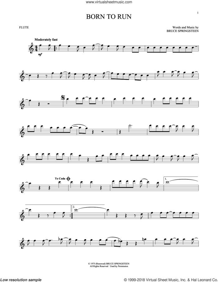 Born To Run sheet music for flute solo by Bruce Springsteen, intermediate skill level