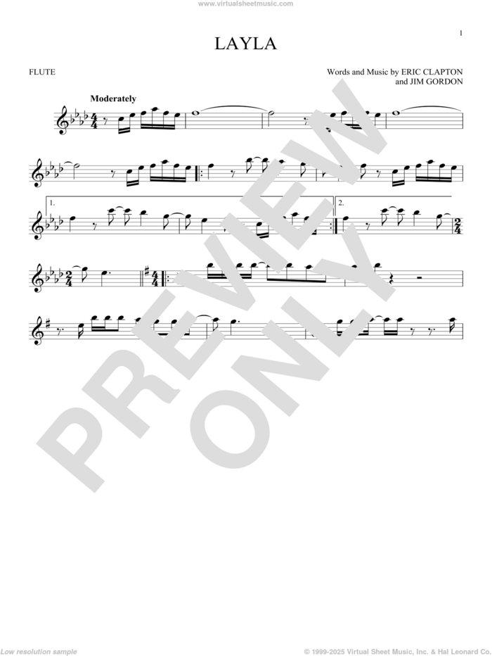 Layla sheet music for flute solo by Eric Clapton, Derek And The Dominos and Jim Gordon, intermediate skill level