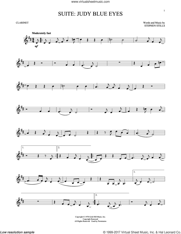 Suite: Judy Blue Eyes sheet music for clarinet solo by Crosby, Stills & Nash and Stephen Stills, intermediate skill level