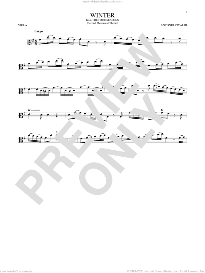 Winter (from The Four Seasons) sheet music for viola solo by Antonio Vivaldi, classical score, intermediate skill level