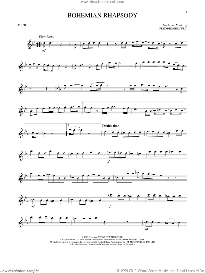 Bohemian Rhapsody sheet music for flute solo by Queen, intermediate skill level
