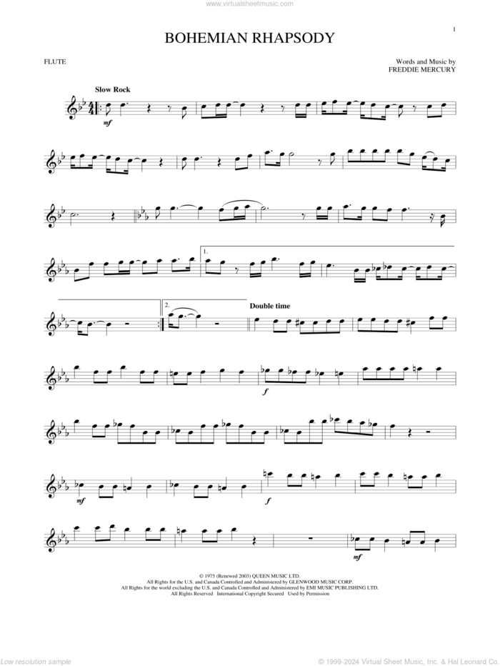 Bohemian Rhapsody sheet music for flute solo by Queen, intermediate skill level