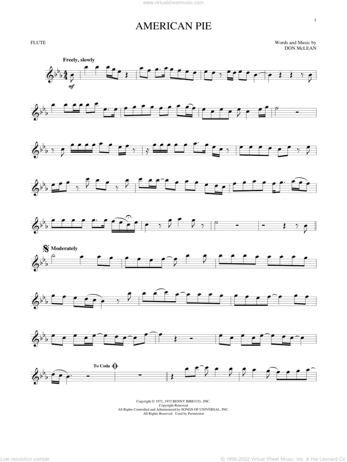 American Pie sheet music for flute solo by Don McLean, intermediate skill level