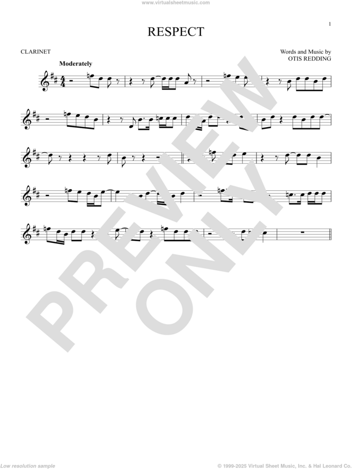 Respect sheet music for clarinet solo by Aretha Franklin and Otis Redding, intermediate skill level