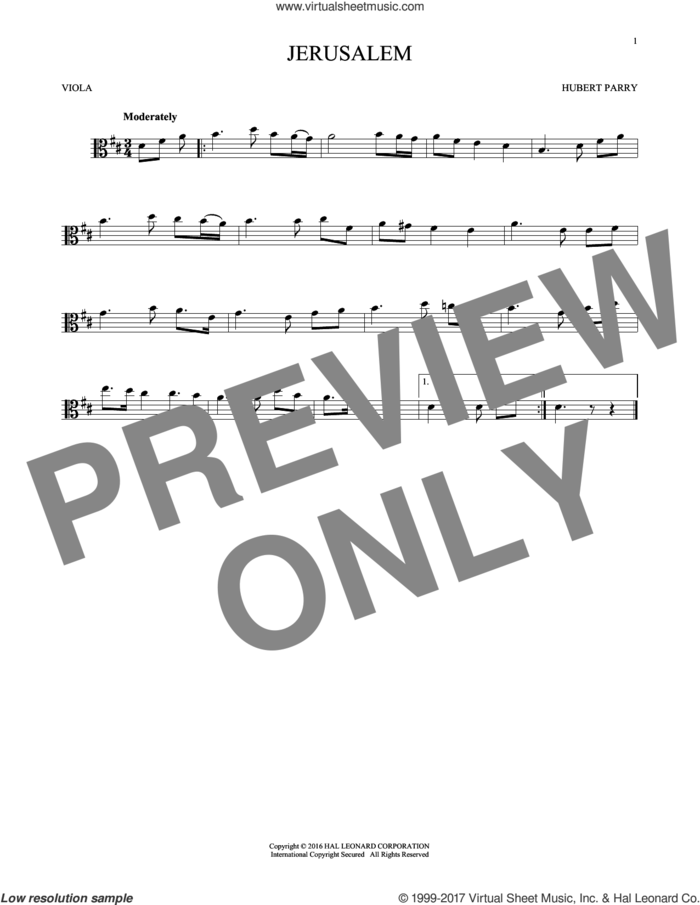 Jerusalem sheet music for viola solo by C.H. Parry, intermediate skill level