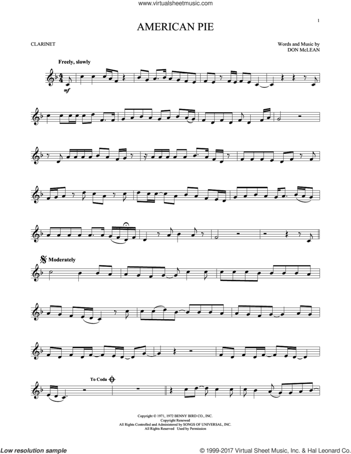 American Pie sheet music for clarinet solo by Don McLean, intermediate skill level