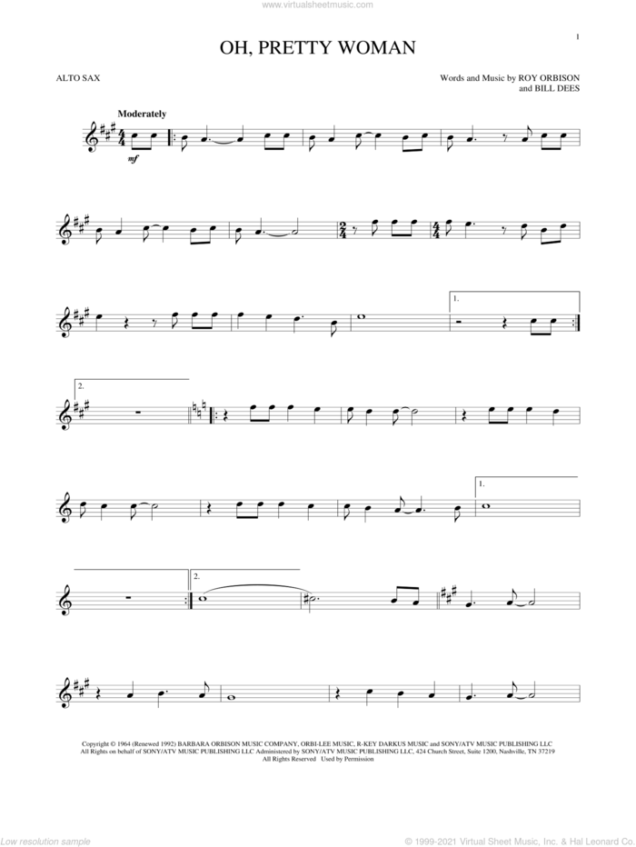 Oh, Pretty Woman sheet music for alto saxophone solo by Roy Orbison and Bill Dees, intermediate skill level
