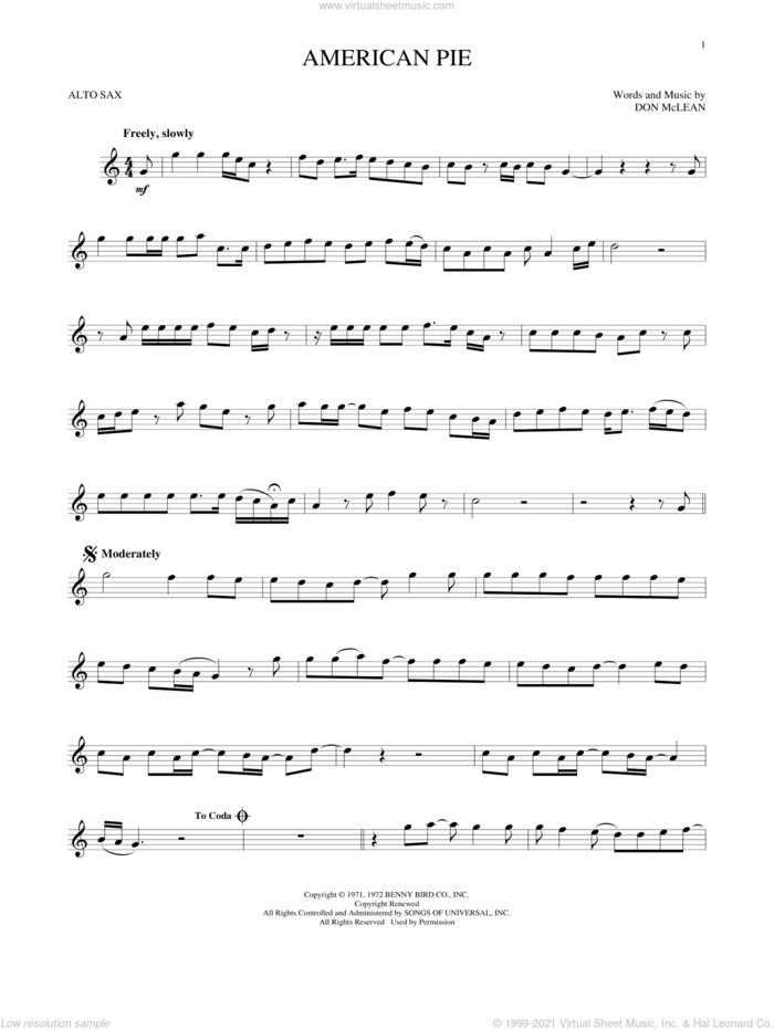 American Pie sheet music for alto saxophone solo by Don McLean, intermediate skill level