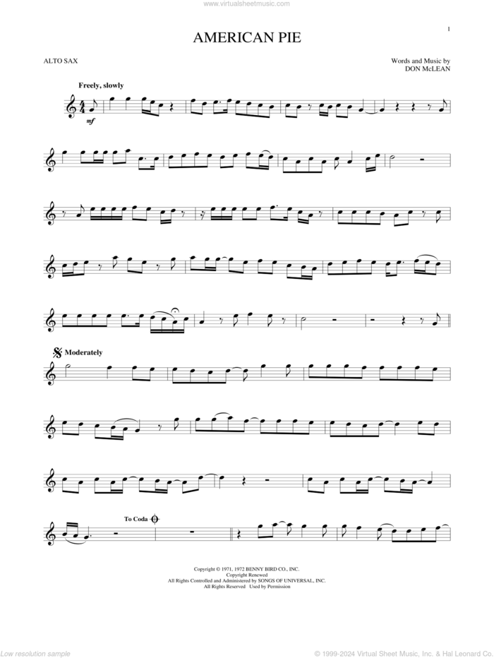 American Pie sheet music for alto saxophone solo by Don McLean, intermediate skill level