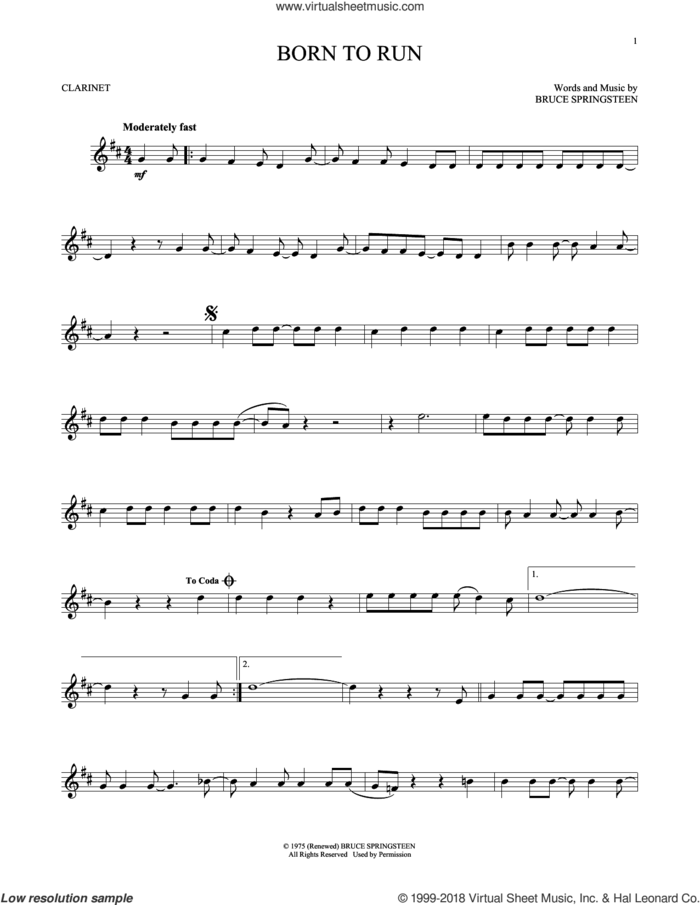 Born To Run sheet music for clarinet solo by Bruce Springsteen, intermediate skill level
