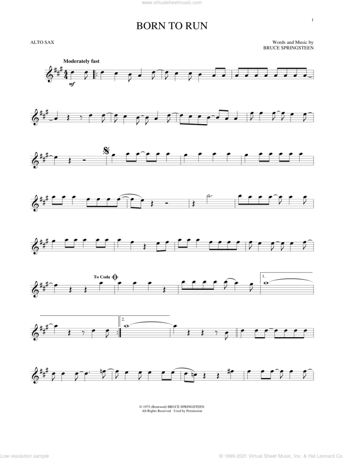 Born To Run sheet music for alto saxophone solo by Bruce Springsteen, intermediate skill level