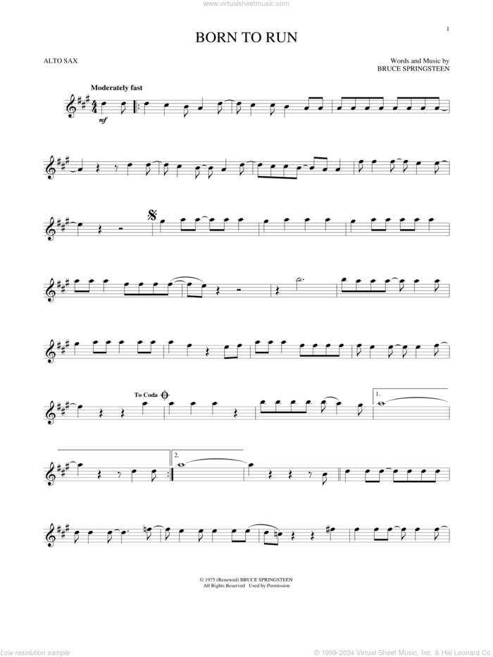 Born To Run sheet music for alto saxophone solo by Bruce Springsteen, intermediate skill level