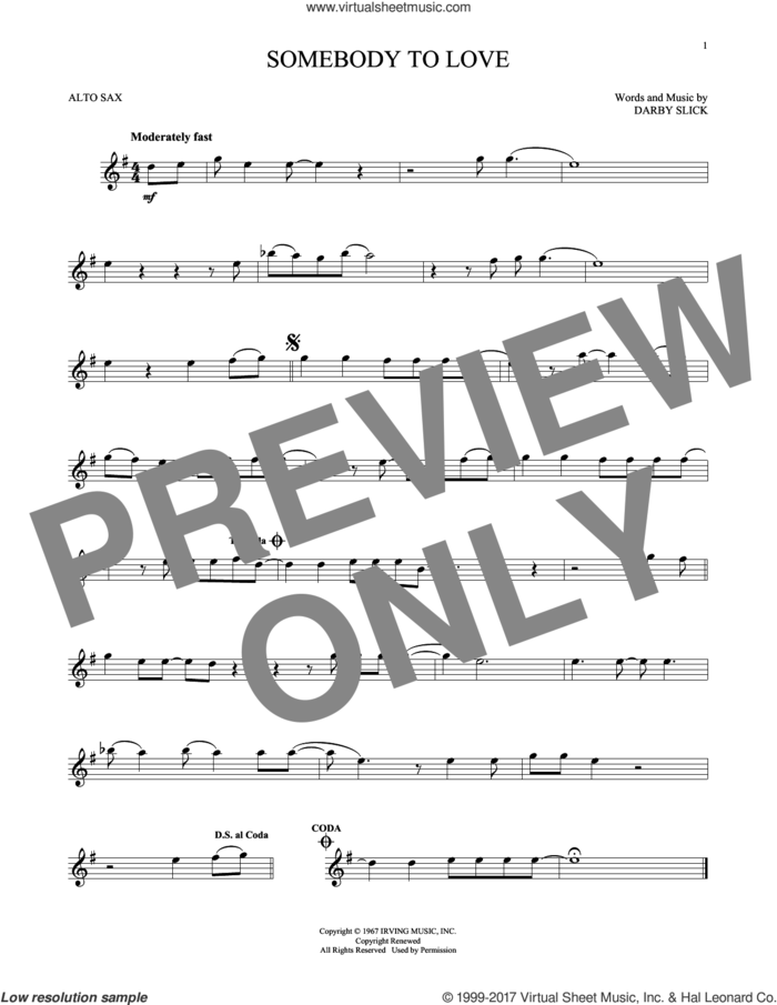 Somebody To Love sheet music for alto saxophone solo by Jefferson Airplane and Darby Slick, intermediate skill level