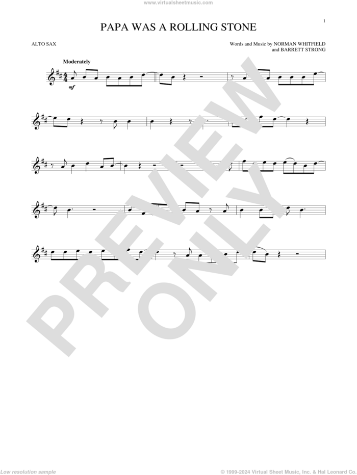 Papa Was A Rollin' Stone sheet music for alto saxophone solo by The Temptations, Barrett Strong and Norman Whitfield, intermediate skill level