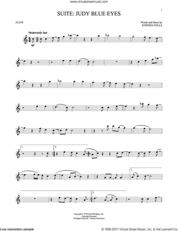 Suite: Judy Blue Eyes sheet music for flute solo by Crosby, Stills & Nash and Stephen Stills, intermediate skill level