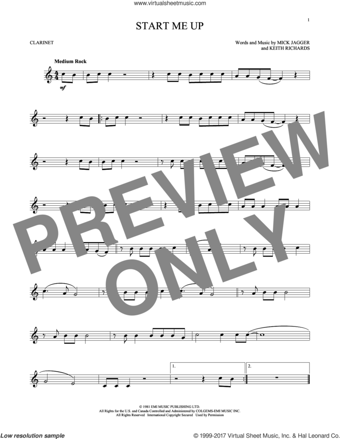 Start Me Up sheet music for clarinet solo by The Rolling Stones, Keith Richards and Mick Jagger, intermediate skill level