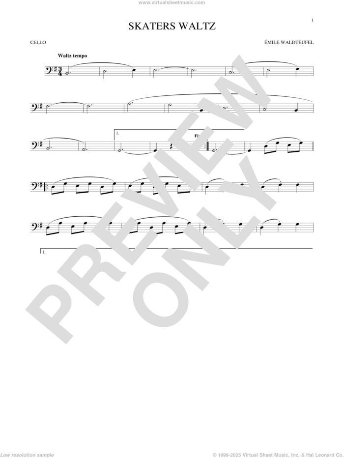 The Skaters (Waltz) sheet music for cello solo by Emile Waldteufel, classical score, intermediate skill level