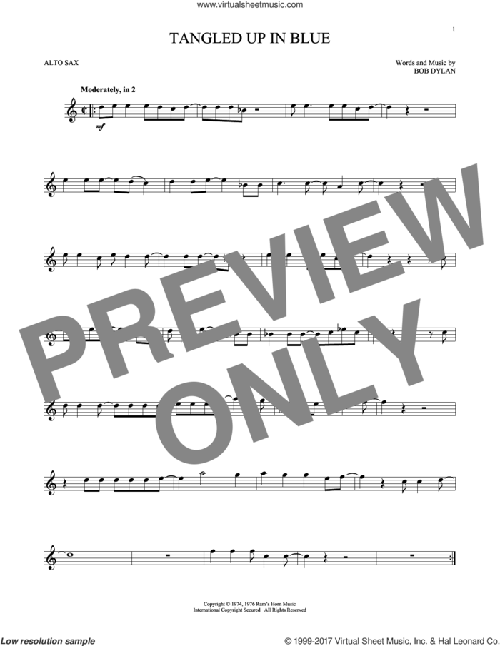 Tangled Up In Blue sheet music for alto saxophone solo by Bob Dylan, intermediate skill level