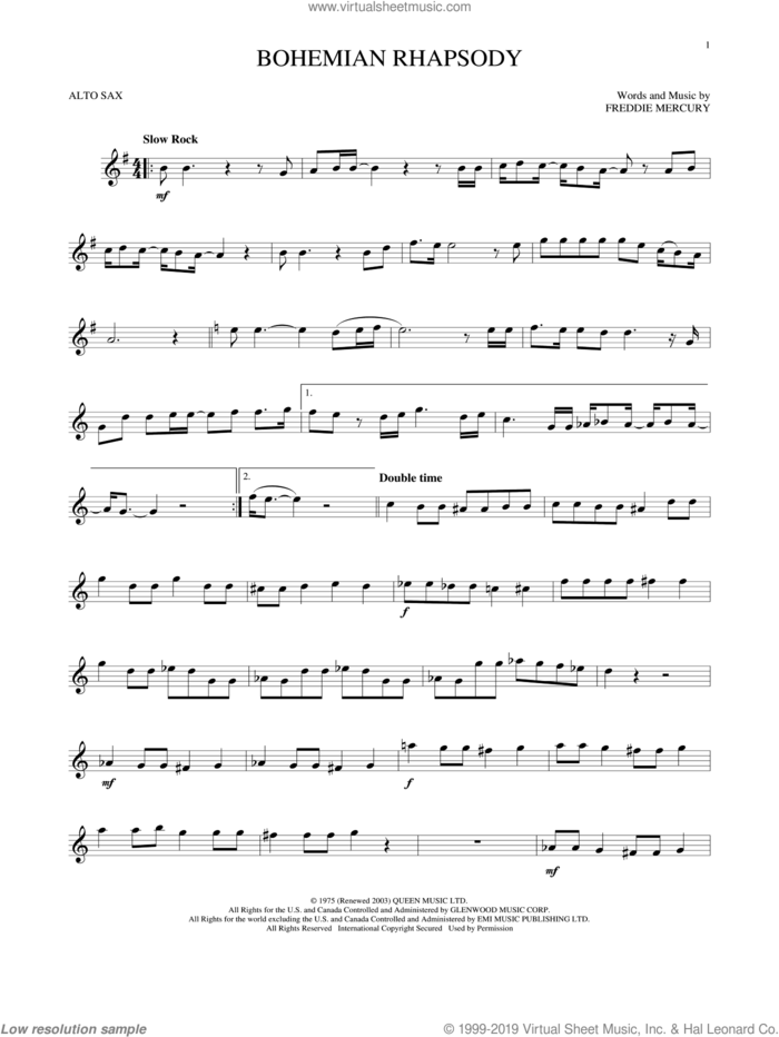 Bohemian Rhapsody sheet music for alto saxophone solo by Queen, intermediate skill level