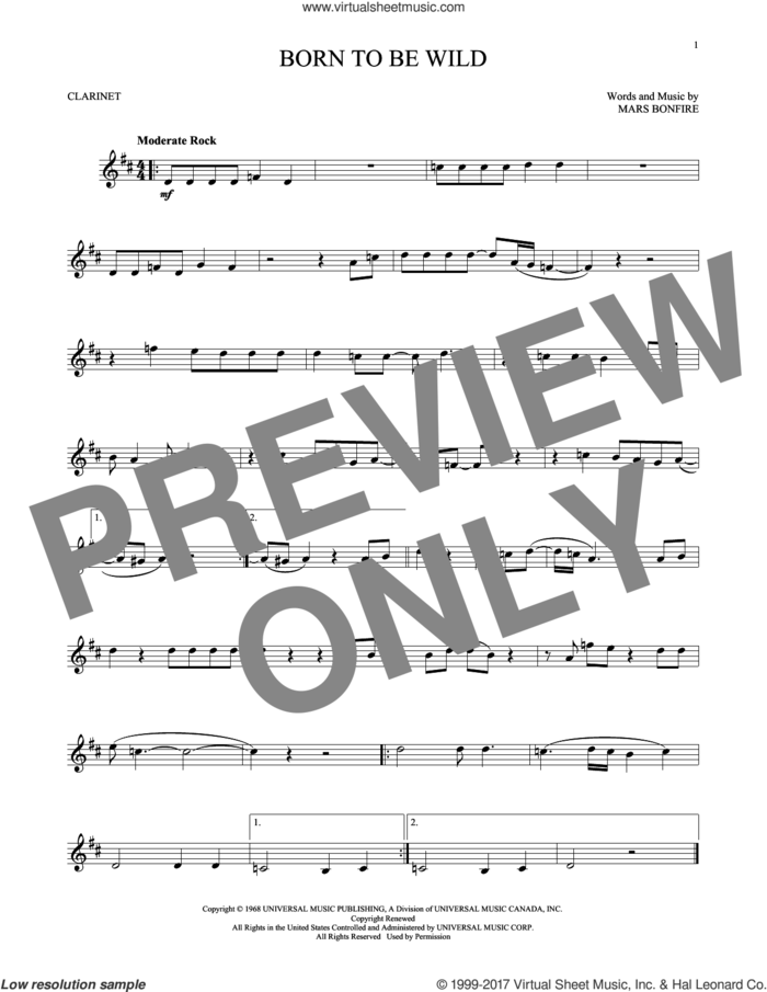 Born To Be Wild sheet music for clarinet solo by Steppenwolf and Mars Bonfire, intermediate skill level