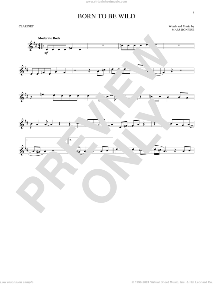 Born To Be Wild sheet music for clarinet solo by Steppenwolf and Mars Bonfire, intermediate skill level