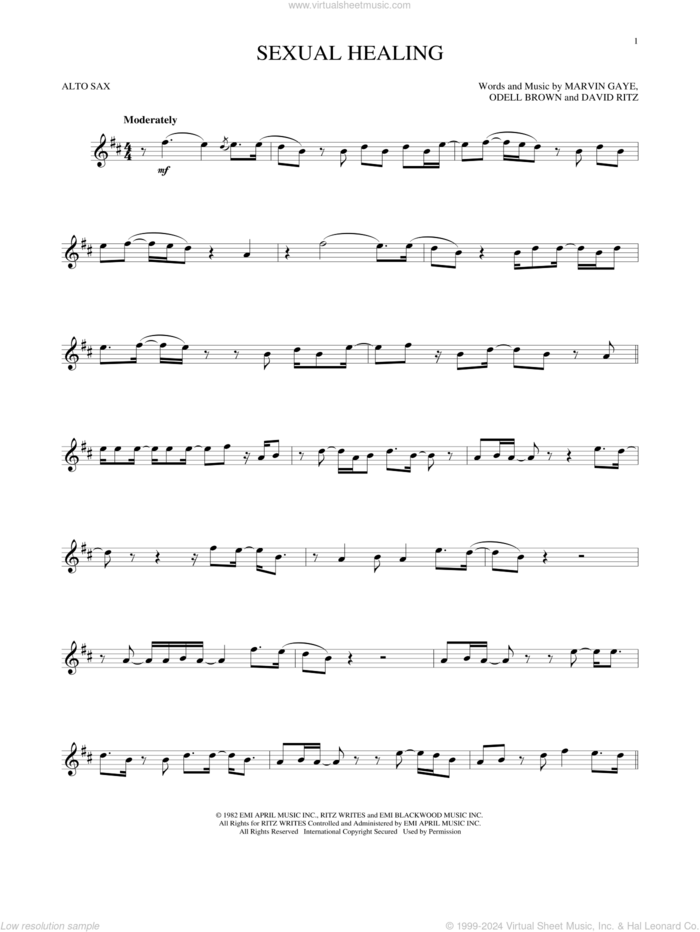 Sexual Healing sheet music for alto saxophone solo by Marvin Gaye, David Ritz and Odell Brown, intermediate skill level