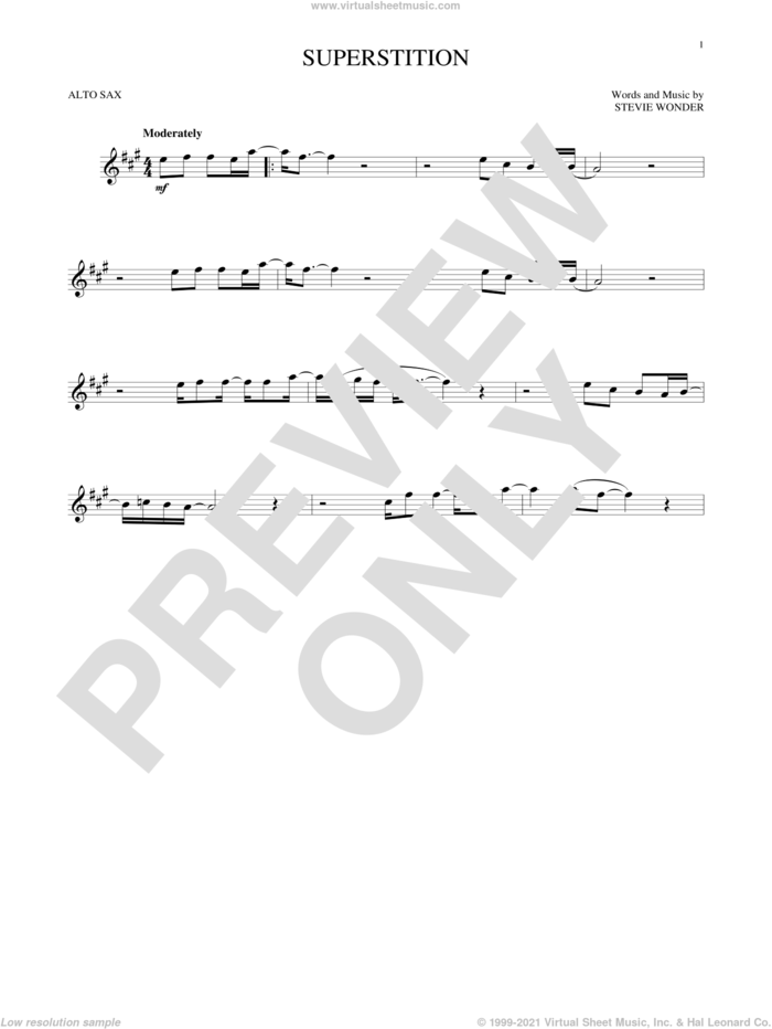 Superstition sheet music for alto saxophone solo by Stevie Wonder, intermediate skill level