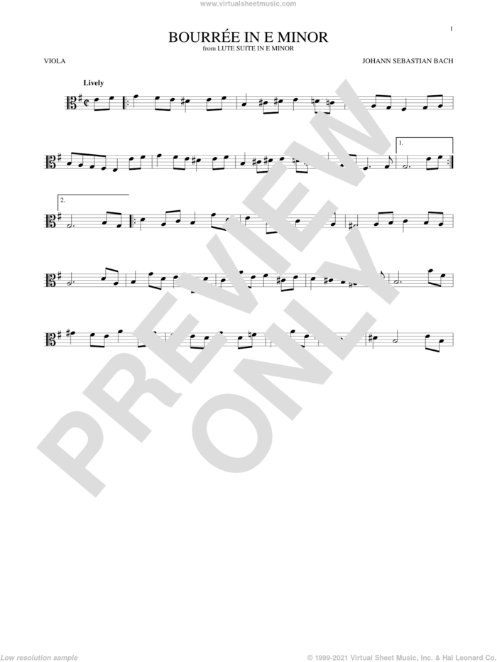 Bourree In E Minor sheet music for viola solo by Johann Sebastian Bach, classical score, intermediate skill level
