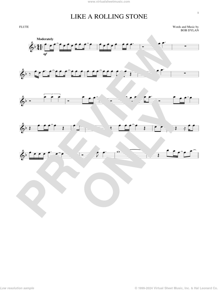 Like A Rolling Stone sheet music for flute solo by Bob Dylan, intermediate skill level