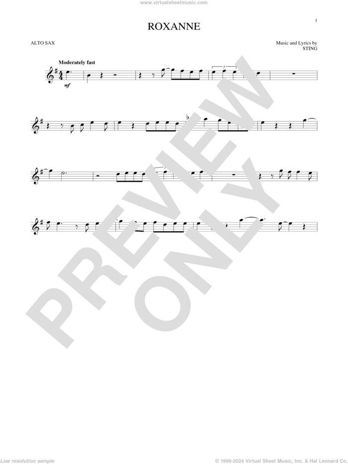 Roxanne sheet music for alto saxophone solo by The Police and Sting, intermediate skill level