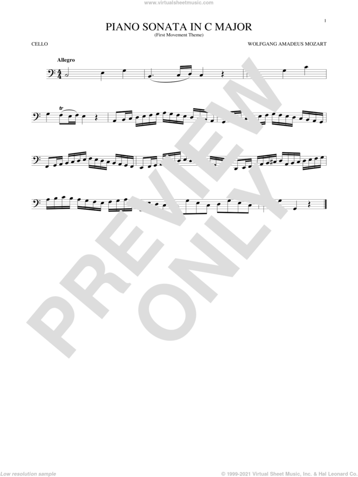 Piano Sonata In C Major sheet music for cello solo by Wolfgang Amadeus Mozart, classical score, intermediate skill level