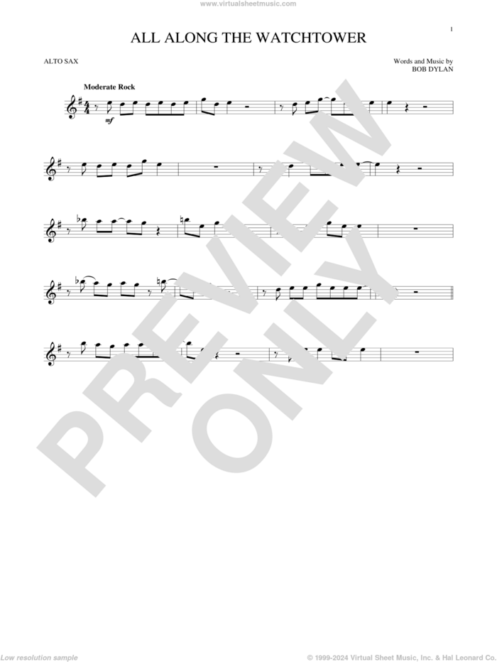 All Along The Watchtower sheet music for alto saxophone solo by Bob Dylan, intermediate skill level