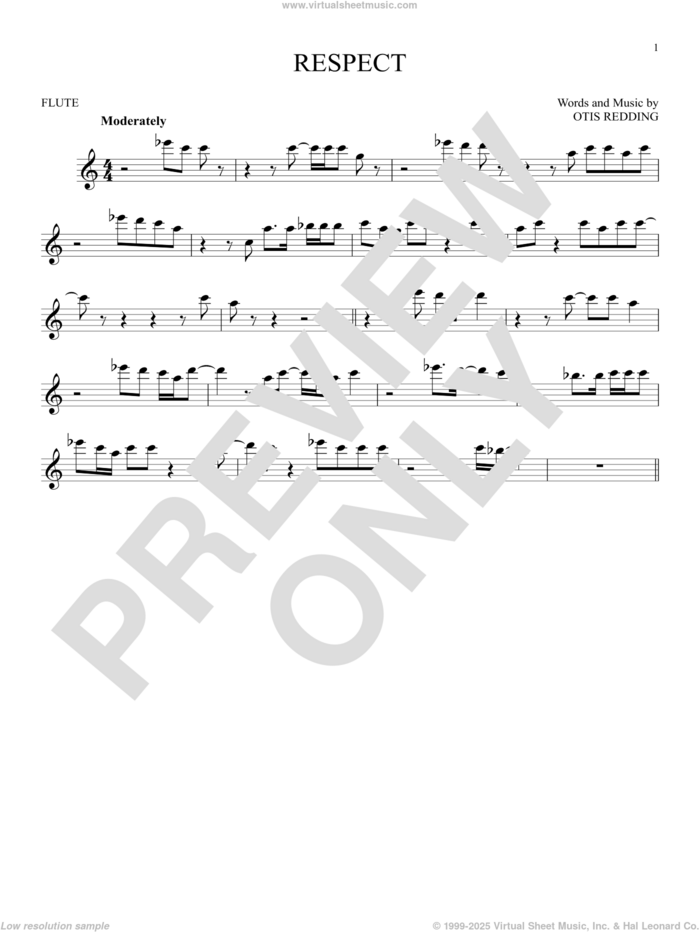 Respect sheet music for flute solo by Aretha Franklin and Otis Redding, intermediate skill level