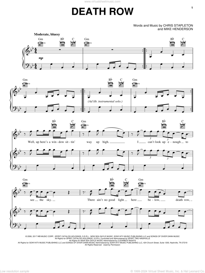 Death Row sheet music for voice, piano or guitar by Chris Stapleton and Mike Henderson, intermediate skill level