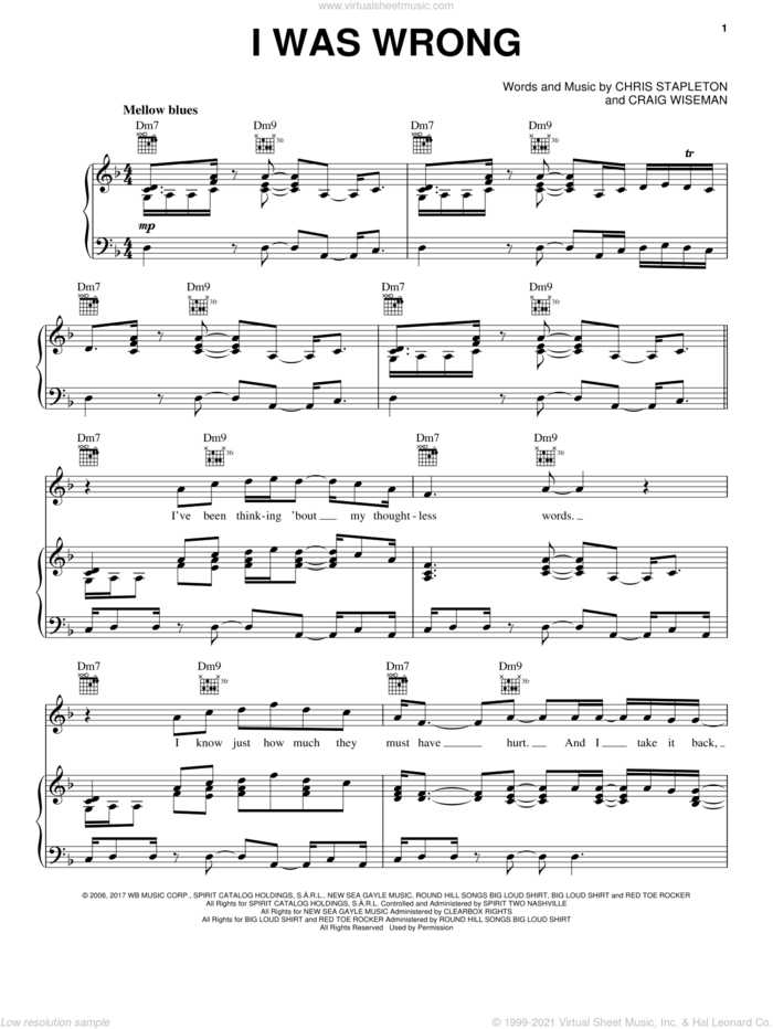 I Was Wrong sheet music for voice, piano or guitar by Chris Stapleton and Craig Wiseman, intermediate skill level