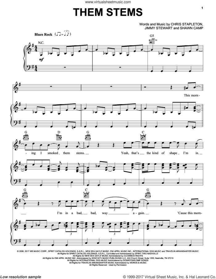 Them Stems sheet music for voice, piano or guitar by Chris Stapleton, Jimmy Stewart and Shawn Camp, intermediate skill level