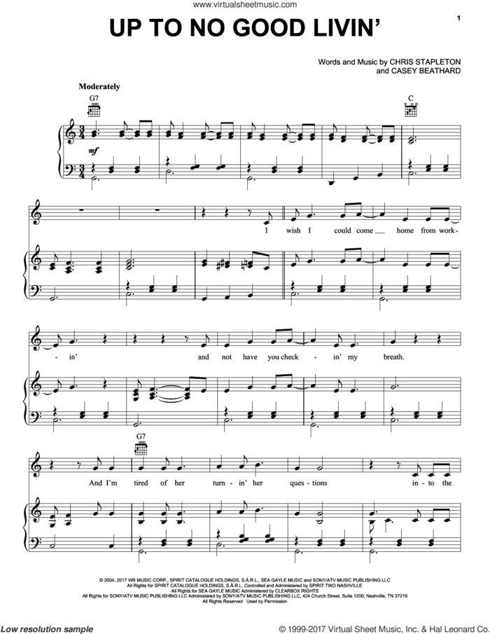 Up To No Good Livin' sheet music for voice, piano or guitar by Chris Stapleton and Casey Beathard, intermediate skill level