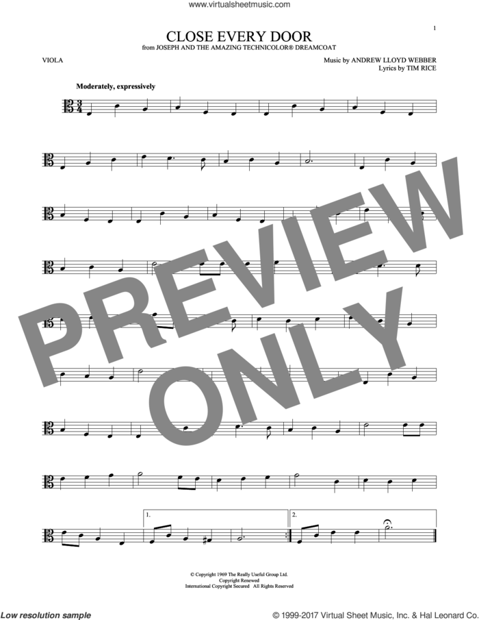 Close Every Door (from Joseph and the Amazing Technicolor Dreamcoat) sheet music for viola solo by Andrew Lloyd Webber and Tim Rice, intermediate skill level