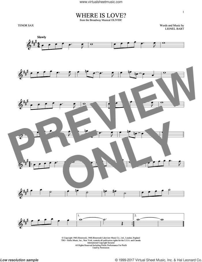 Where Is Love? sheet music for tenor saxophone solo by Lionel Bart, intermediate skill level