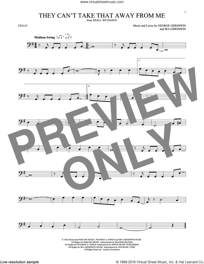 They Can't Take That Away From Me sheet music for cello solo by Frank Sinatra, George Gershwin and Ira Gershwin, intermediate skill level
