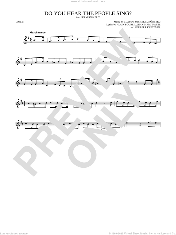 Do You Hear The People Sing? sheet music for violin solo by Alain Boublil, Claude-Michel Schonberg, Claude-Michel Schonberg, Herbert Kretzmer and Jean-Marc Natel, intermediate skill level