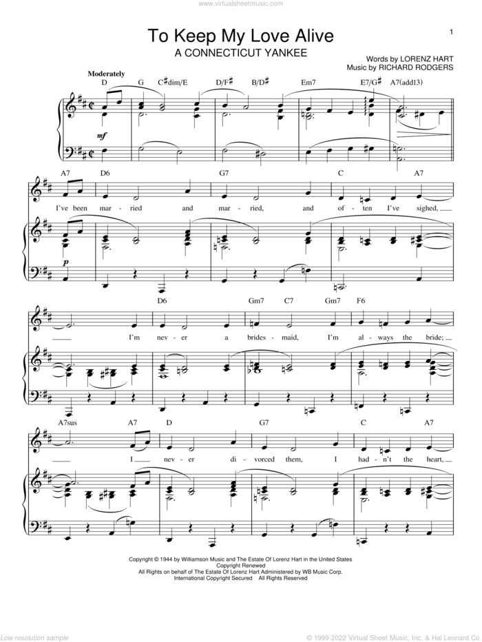 To Keep My Love Alive sheet music for voice, piano or guitar by Rodgers & Hart, Lorenz Hart and Richard Rodgers, intermediate skill level