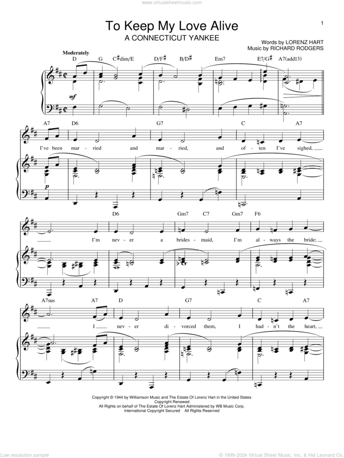 To Keep My Love Alive sheet music for voice, piano or guitar by Rodgers & Hart, Lorenz Hart and Richard Rodgers, intermediate skill level